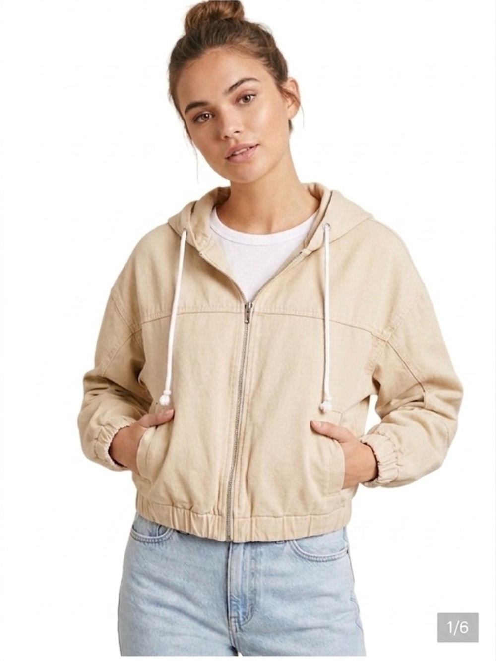 Forever 21 Cream Zip-Up Hooded Heavy Jacket Size Small